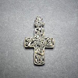 Vintage Rare 925 Sterling Silver Marcasite 3D Floral Cross Pendant Enhancer
